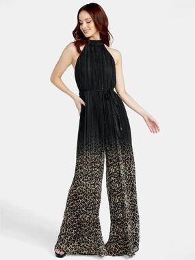 ALLOY Black Halter-Neck Ombre Leopard Wide-Leg Jumpsuit Tall Medium